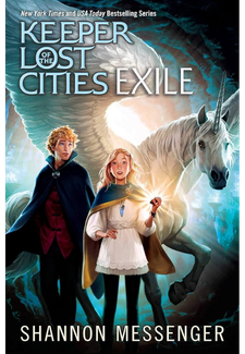 Cover of the book Keeper of the Lost Cities: Exile by Sharon Messenger, featuring a boy and a girl and a unicorn.