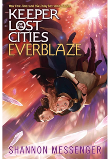 Cover of the book Keeper of the Lost Cities: Everblaze by Shannon Messenger, showing a boy and a girl falling headfirst with crystals all around them.