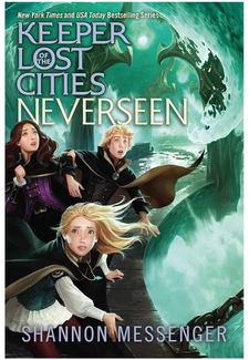 Cover of the book Neverseen by Shannon Messenger showing three children in a green fog.