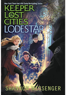 Cover of the book Keeper of the Lost Cities: Lodestar featuring a blonde girl and two boys facing a shadowy cloaked figure.