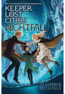 Cover of the book Keeper of the Lost Cities: Nightfall by Shannon Messenger, showing three children holding hands and floating in the air surrounded by water.