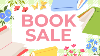Book Sale title surrounded by pastel books and spring flowers.