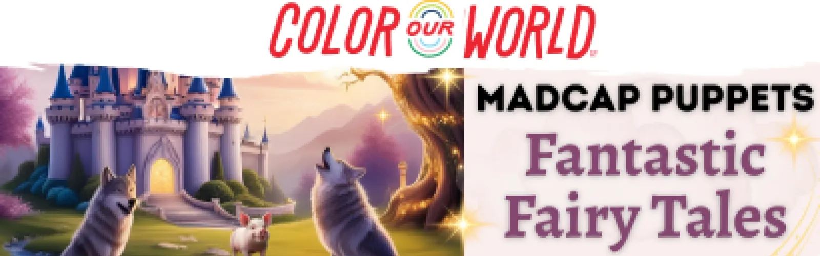 fairy tale castle surrounded by pink sky and clouds with glowing yellow tree