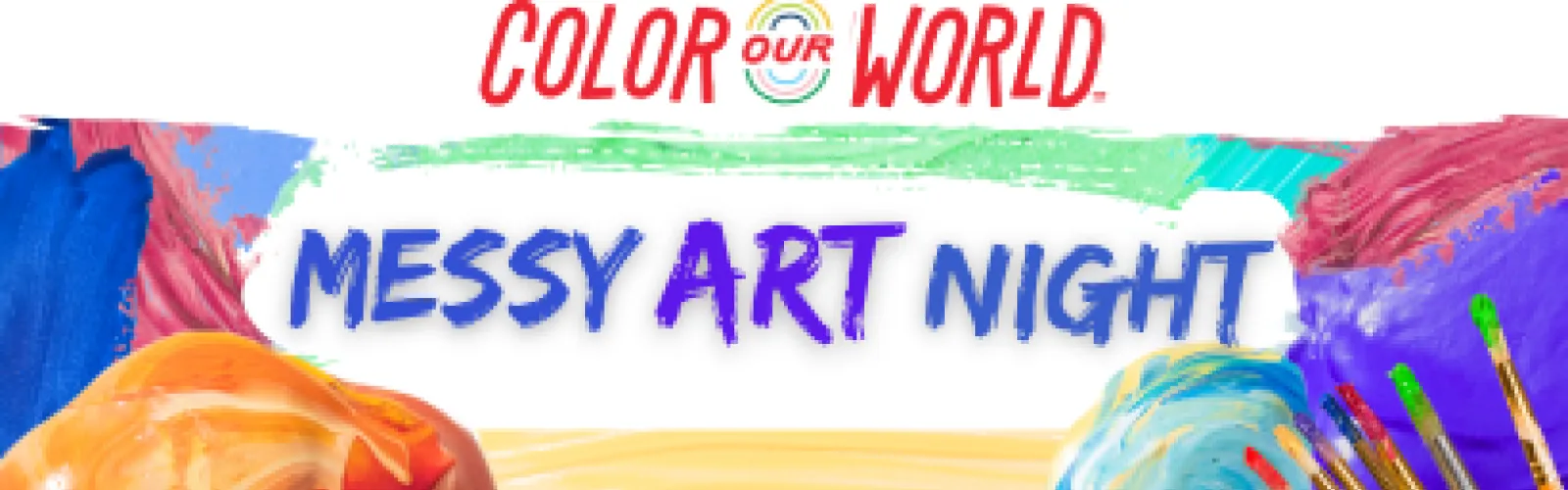 purple, orange, yellow and blue paint splatters with white paint swipee